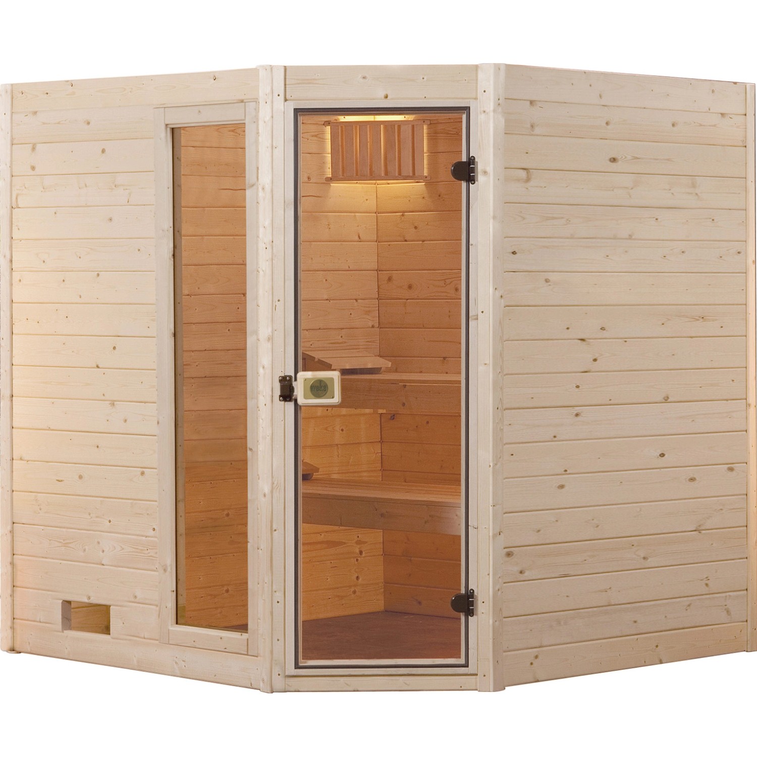 Weka Massivholzsauna 38 mm Valida Eck 2 mit Glastür und Fensterelement