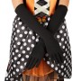 Frauenkostüm Schmetterling: Kleid mit Punkten, orangefarbener Tüll, lange schwarze Handschuhe.