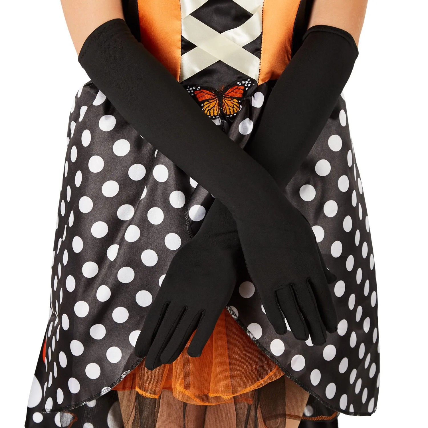 Frauenkostüm Schmetterling: Kleid mit Punkten, orangefarbener Tüll, lange schwarze Handschuhe.
