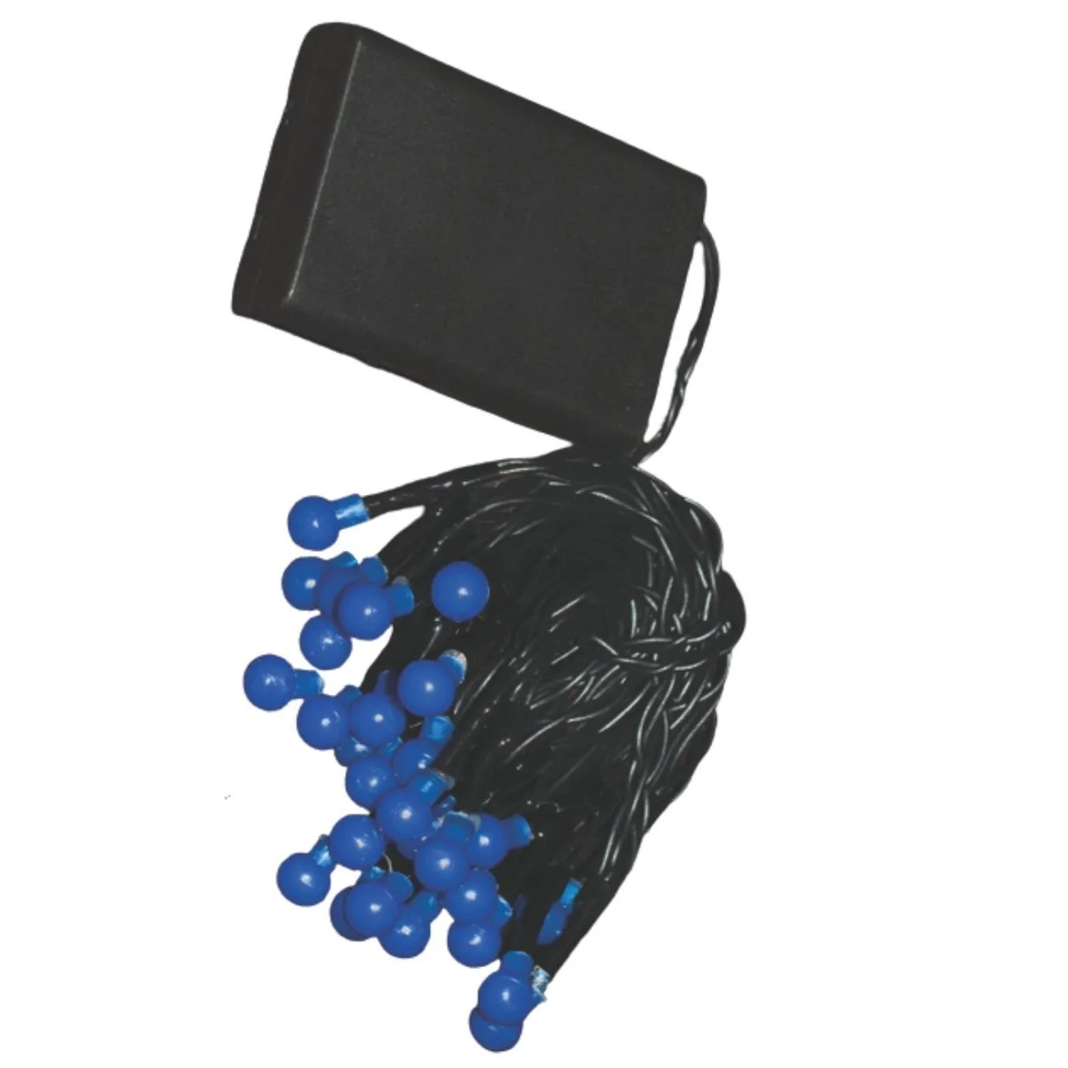 Lex 10er LED Lichterkette mit blauen Kugeln, schwarzem Kabel und Batteriebox, für Innenräume.