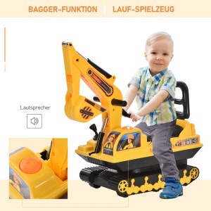 Kleinkind auf gelbem HOMCOM Kinder Sitzbagger mit funktionierender Schaufel und Hupe. Ideal für Spiel & Koordination.