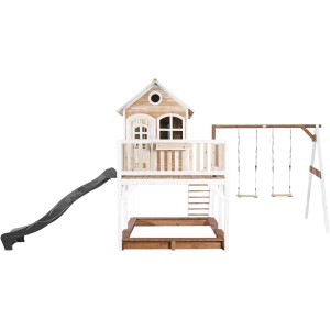 Axi Liam Spielhaus mit Doppelschaukel, Rutsche, Sandkasten, braun, weiß, grau.