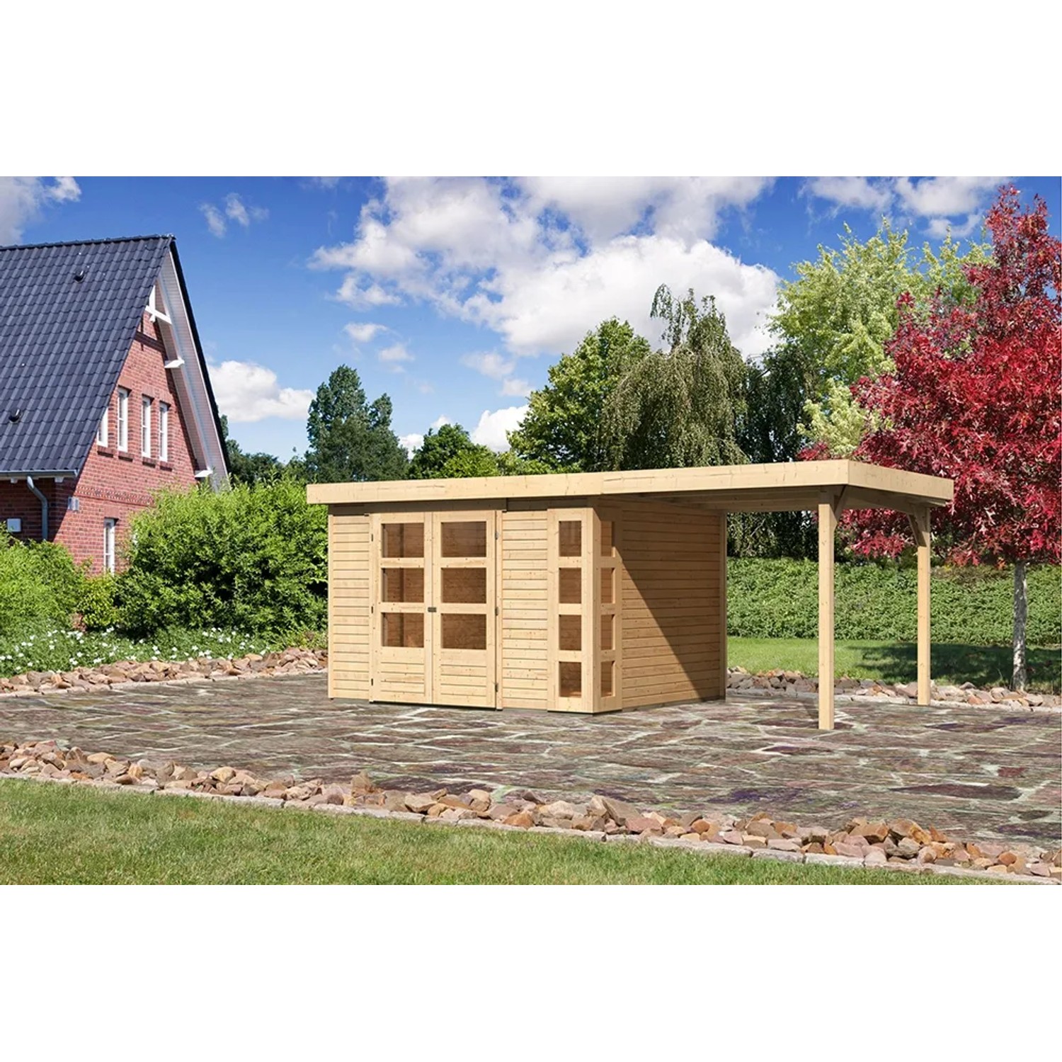 Karibu Holz-Gartenhaus Sölve mit Flachdach und Anbau, unbehandelt.