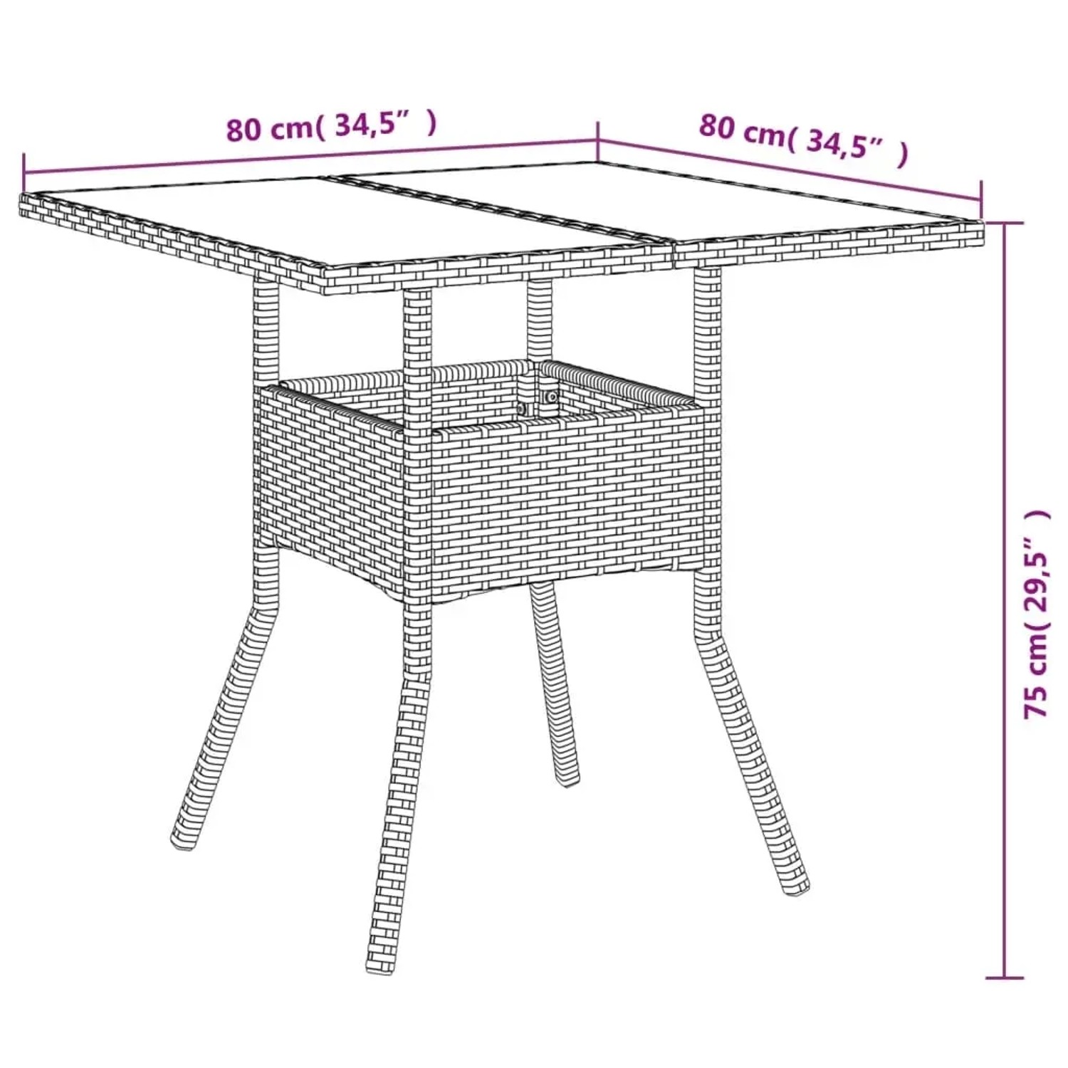 vidaXL Garten-Esstisch, schwarzes Poly Rattan mit Glasplatte, 80x80x75cm, Teil der 3-tlg. Essgruppe.