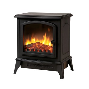 Schwarzer Sannover Elektrokamin Xelia mit realistischer Flamme, Holzscheiten und 1800 W Heizleistung.