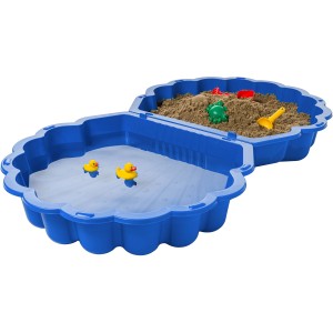 Blaue SwingKing Sandmuschel, geöffnet mit Sand, Wasser und Spielzeug
