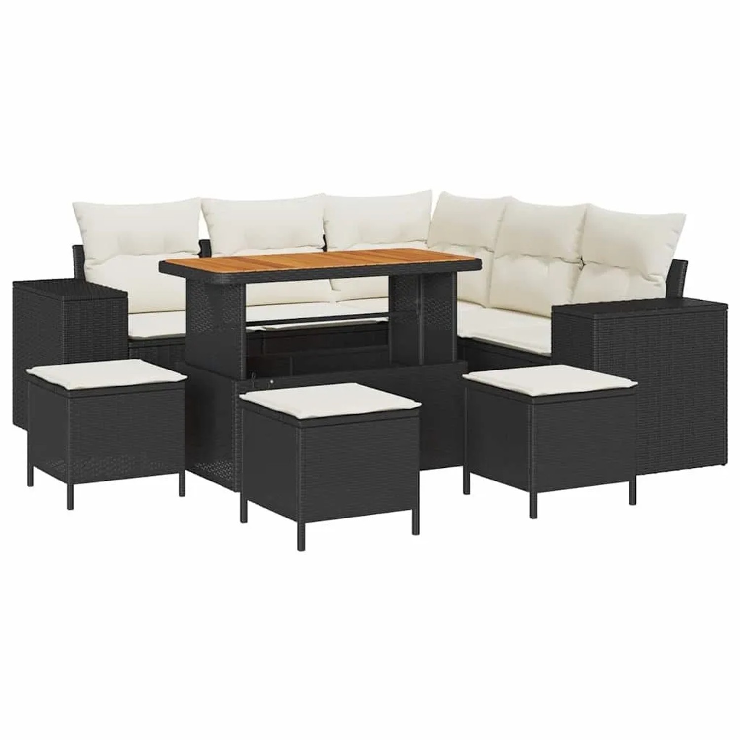vidaXL Garten-Sofa-Set mit Kissen mit Speicher 9-Tlg Schwarz und Creme 3363960