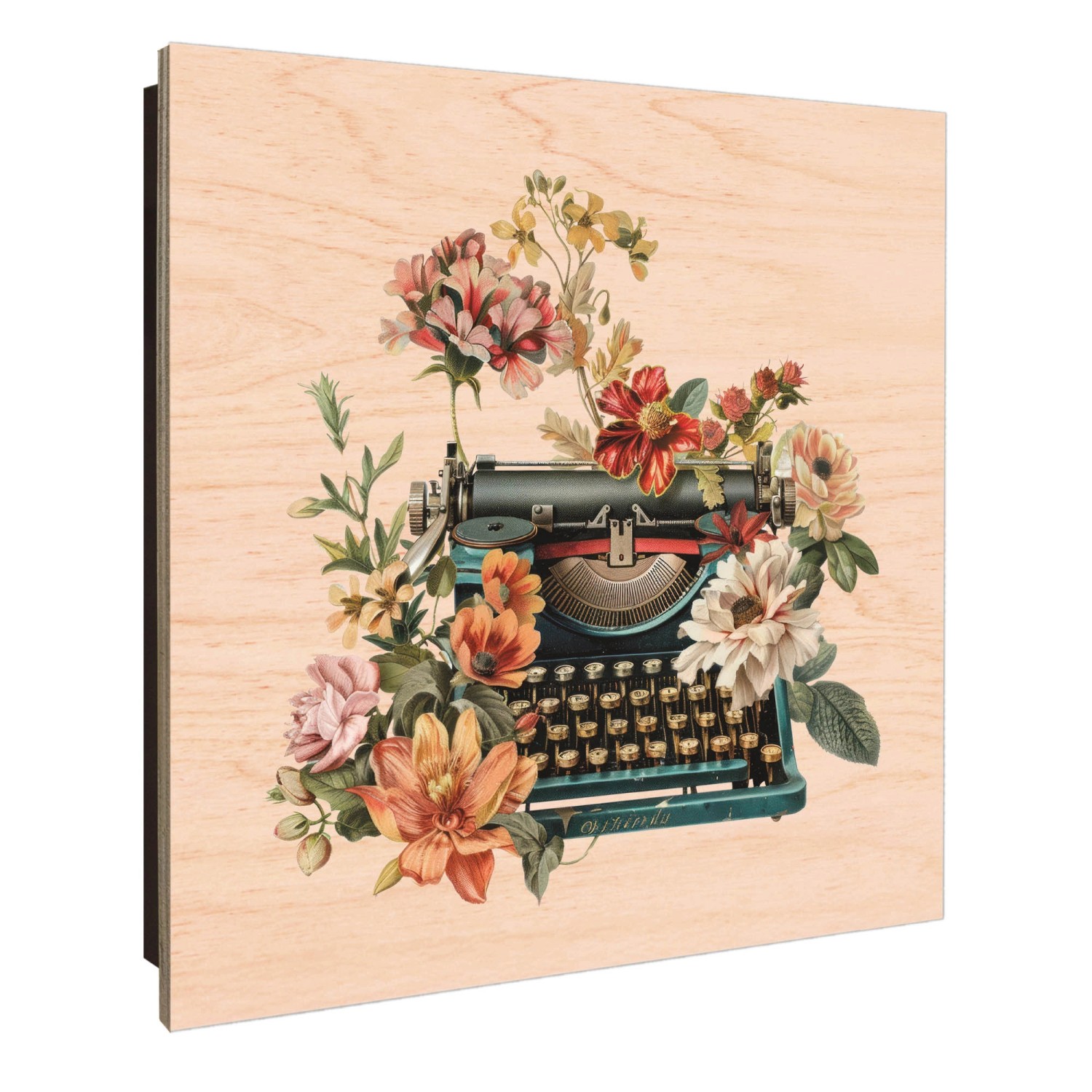 Banjado Schlüsselkasten mit Blumige Schreibmaschine Motiv. Schlüsselbox aus Holz, 30x30cm, für 50 Schlüssel.