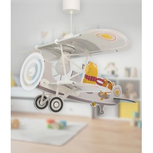 KinderDeckenlampe Flugzeug mit Teddy im Kinderzimmer. Lampe aus Holz und Polypropylen.