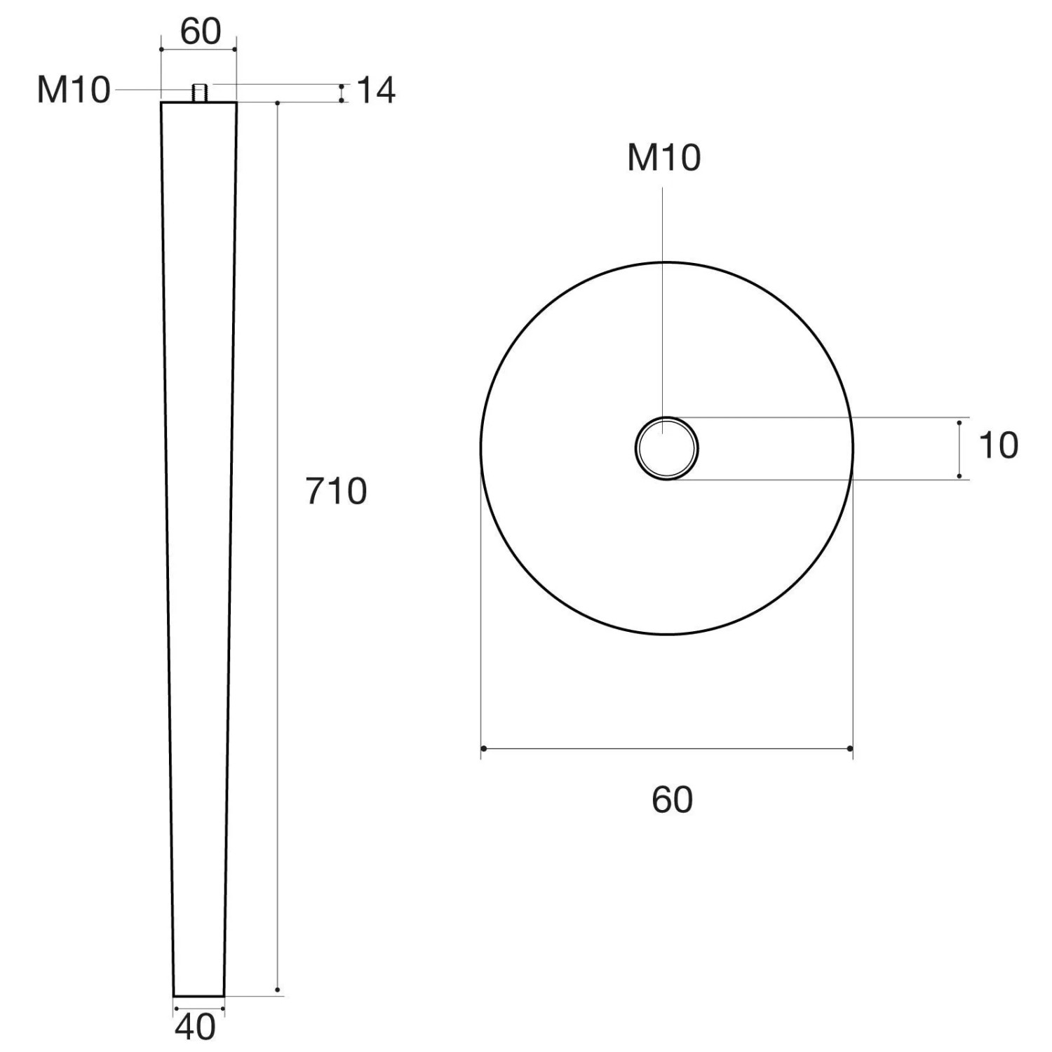 Technische Zeichnung: SOTECH Tischbein Eiche massiv, konisch, 710 mm hoch, Durchmesser 60/40 mm.