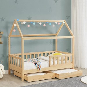 Juskys Kinderbett Marli 80x160 cm Natur mit Bettkasten und Lattenrost im Hausdesign.
