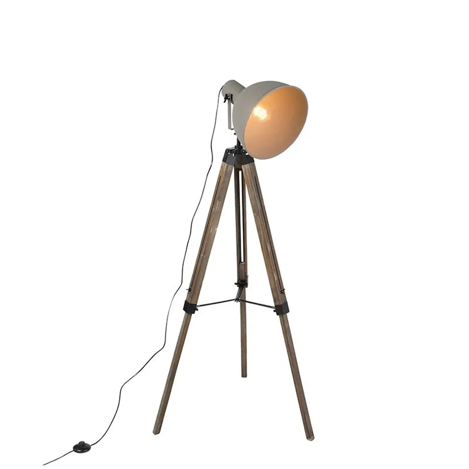 QAZQA Industrielle Stehlampe auf Holzstativ mit Grauem Schirm Laos