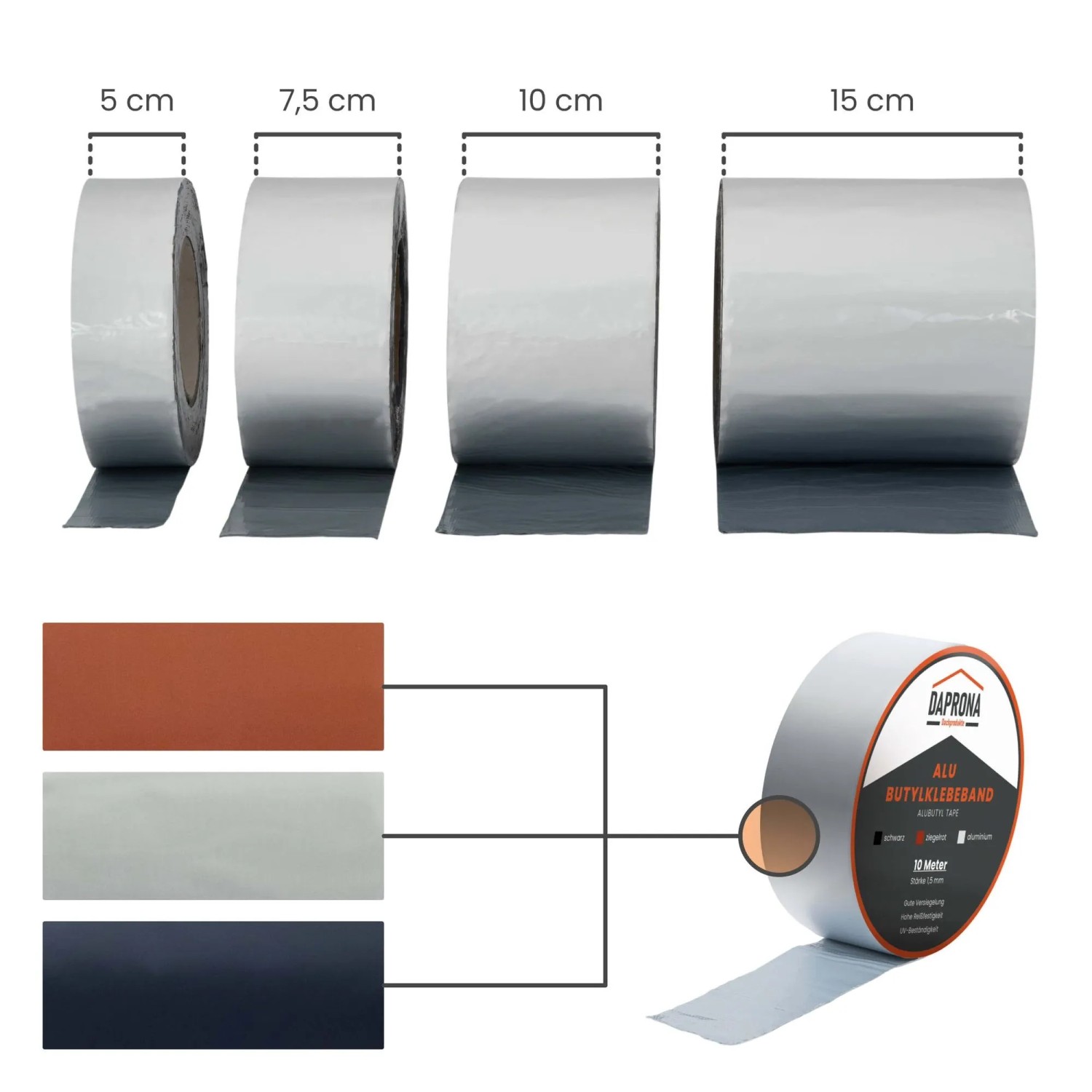 Daprona Butylband Alu Silber, verschiedene Breiten. Dichtband und Reperaturband für innen und aussen.