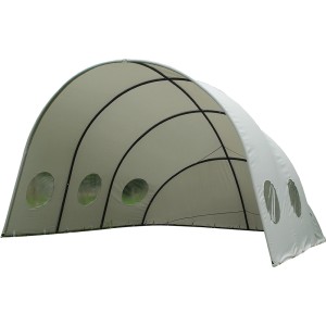 Lichtgrauer Pavillon Muschel 400x500 cm mit Rundfenstern für hellen Innenraum.