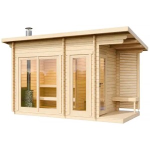 FinnTherm Saunahaus Lizzy M aus naturbelassener Fichte mit überdachter Terrasse und Frontverglasung.