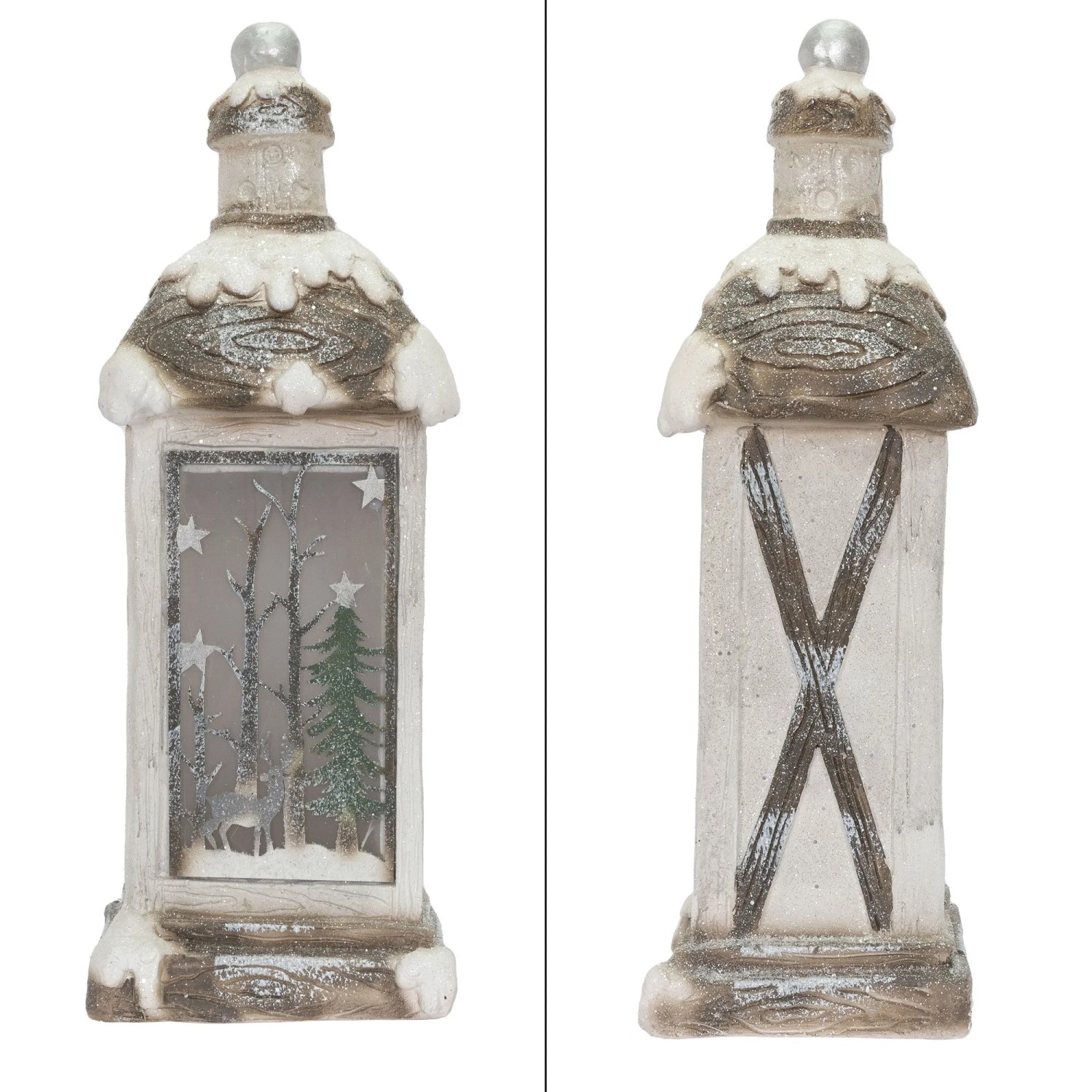 LED Weihnachtslaterne (60cm) in Weiß, Beige und Grün mit Sternen und Tannenbaum für stimmungsvolle Weihnachtsdekoration.