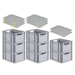 PROREGAL SuperSparSet: 8 graue Euroboxen mit Deckel und gelben Verschlüssen, 20 Liter.