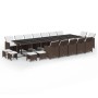 Braune 19-tlg. Poly Rattan Garten-Essgruppe mit Tisch, Stühlen, Hockern und cremeweißen Kissen.