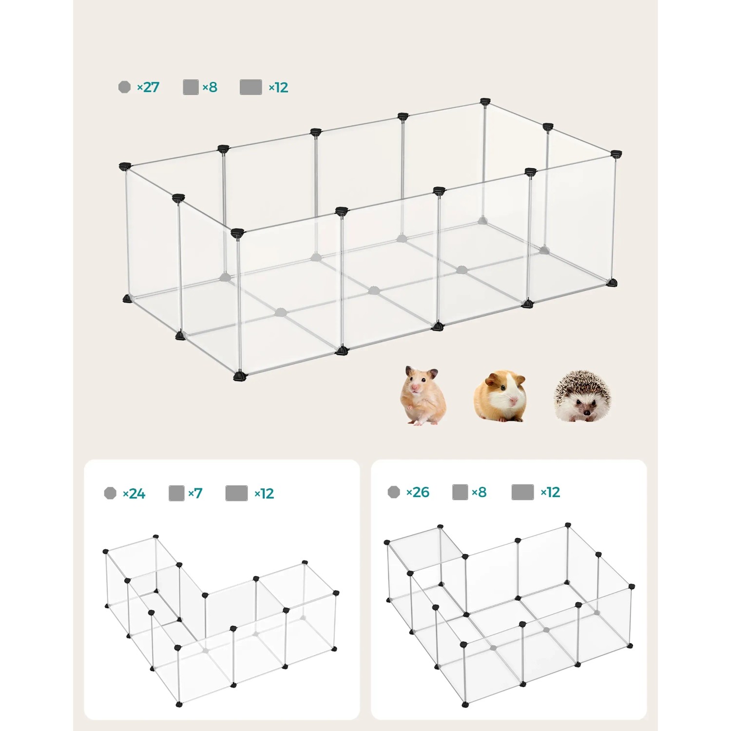 Feandrea Freigehege, 143x73x46 cm, weiß, mit Hamster, Meerschweinchen und Igel. Flexible Aufbauvarianten.