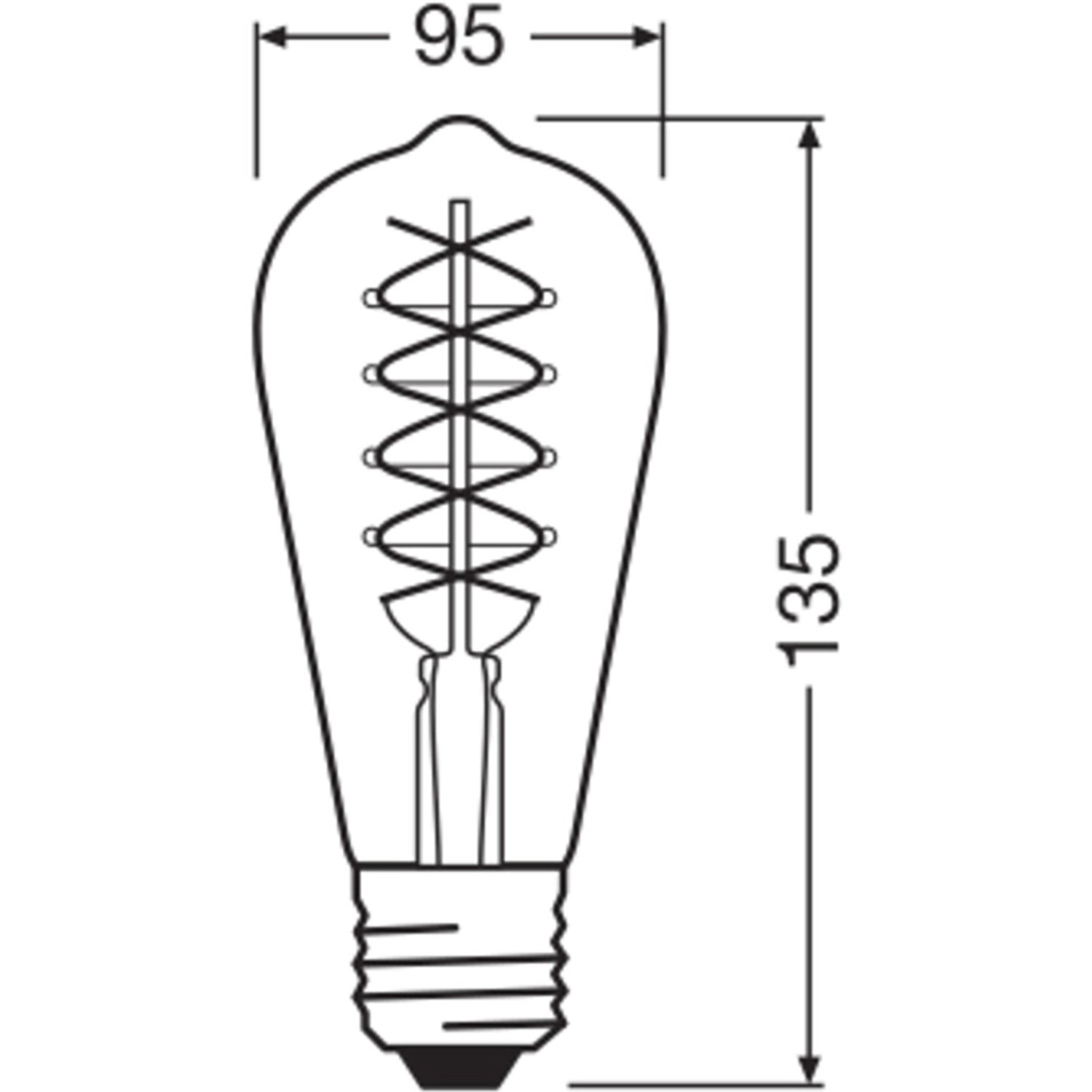 Technische Zeichnung Osram E27 LED Leuchtmittel ST64, Maße: 95 x 135 mm.