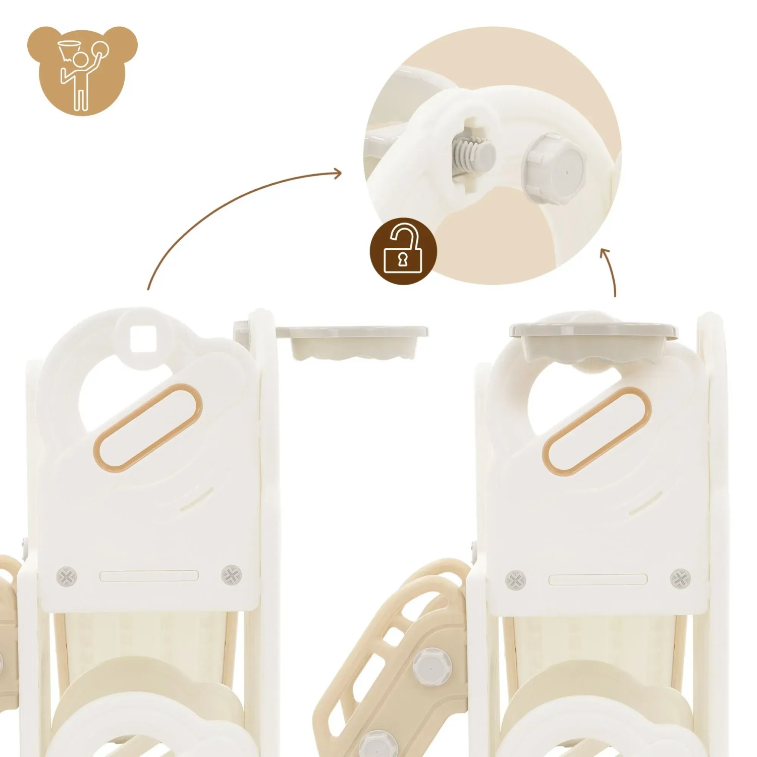 Detailaufnahme Kinderrutsche 3in1 mit Turm und Basketballkorb in Weiß-Beige. Montage-Detail.