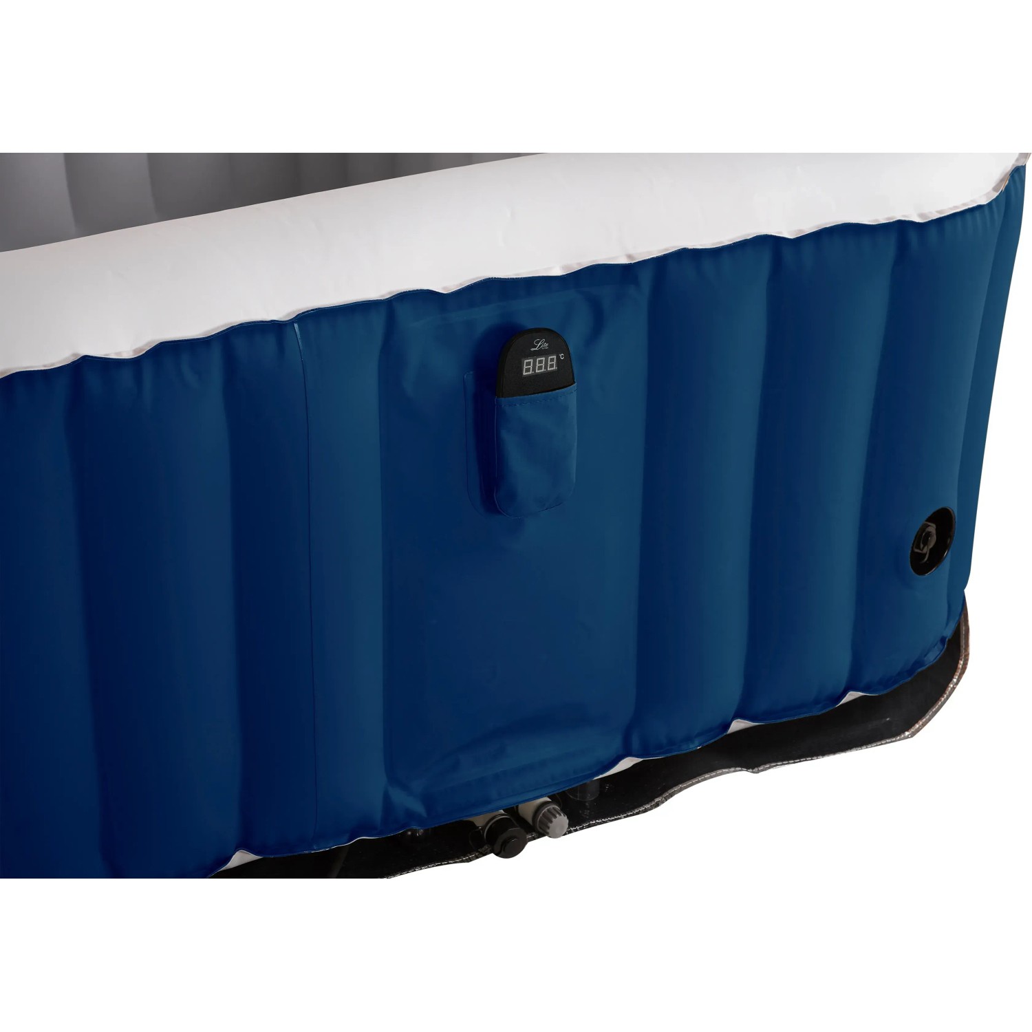 Detailansicht des marineblauen, aufblasbaren OBI Whirlpools SQUARE mit digitalem Display.