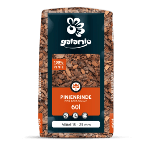 Galamio Pinien Rindenmulch 60l, mittlere Körnung 15-25mm. Rotbraune Kiefernrinde für Garten und Beete.
