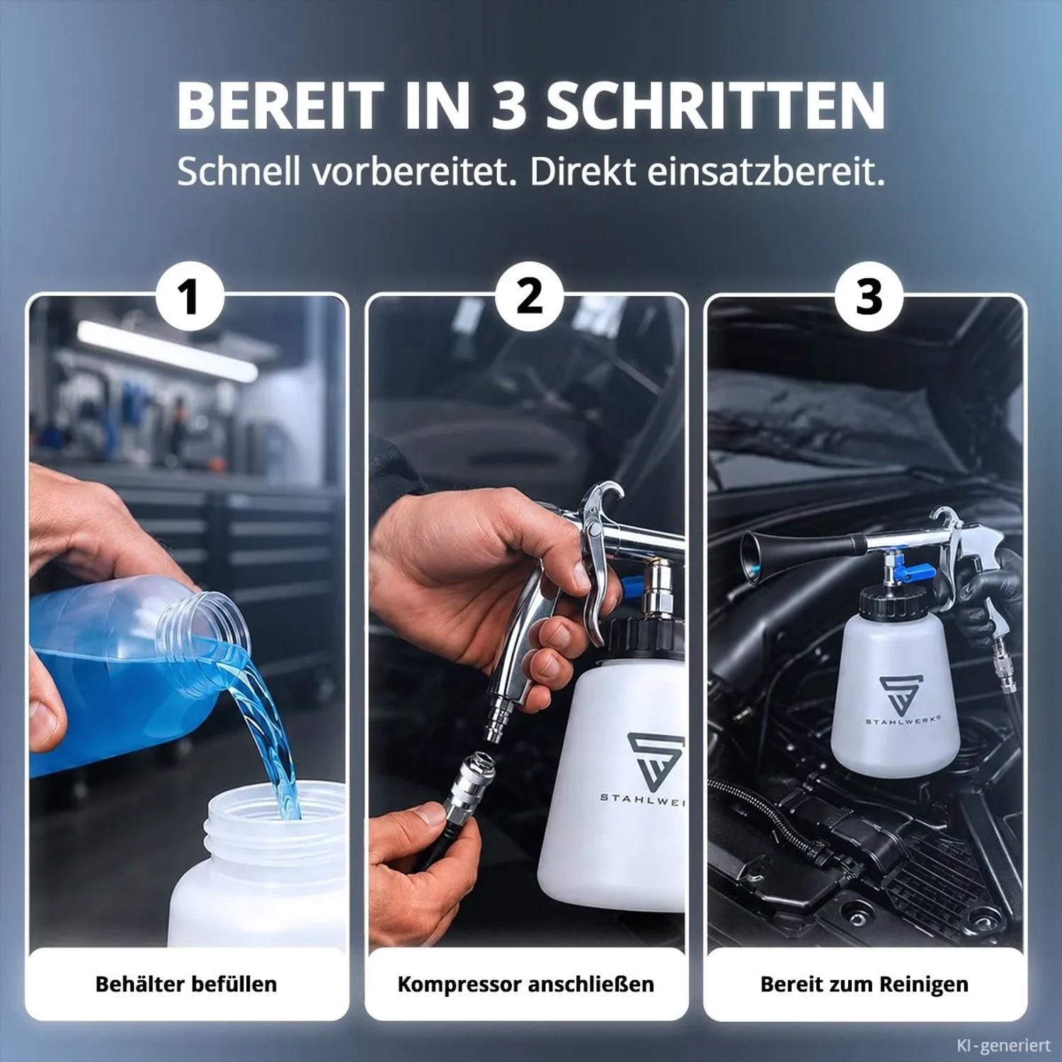 STAHLWERK Druckluft Reinigungspistole: 3 Schritte zur Kfz-Aufbereitung. Behälter befüllen, Kompressor anschließen, bereit zum Reinigen.