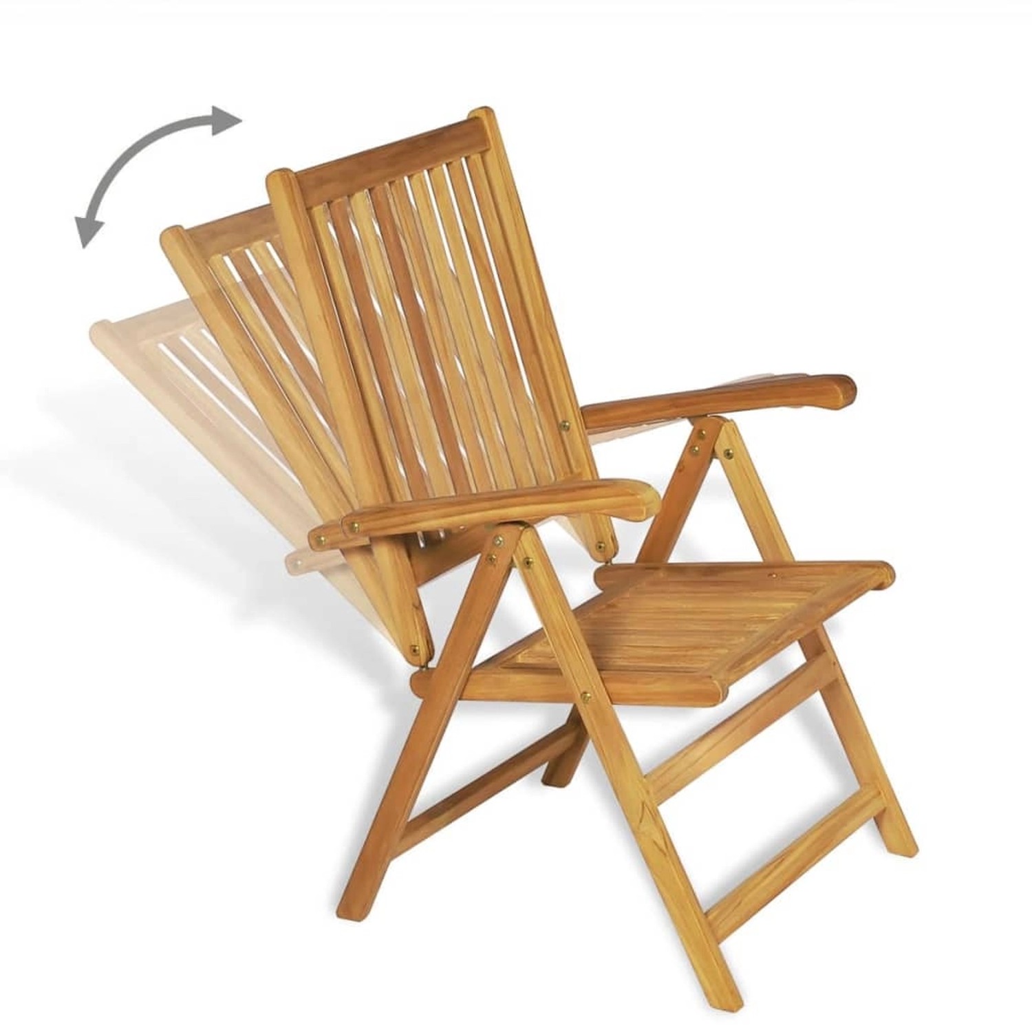 Verstellbarer Teakholz Gartenstuhl der vidaXL Essgruppe, Rückenlehne in verschiedenen Positionen einstellbar.