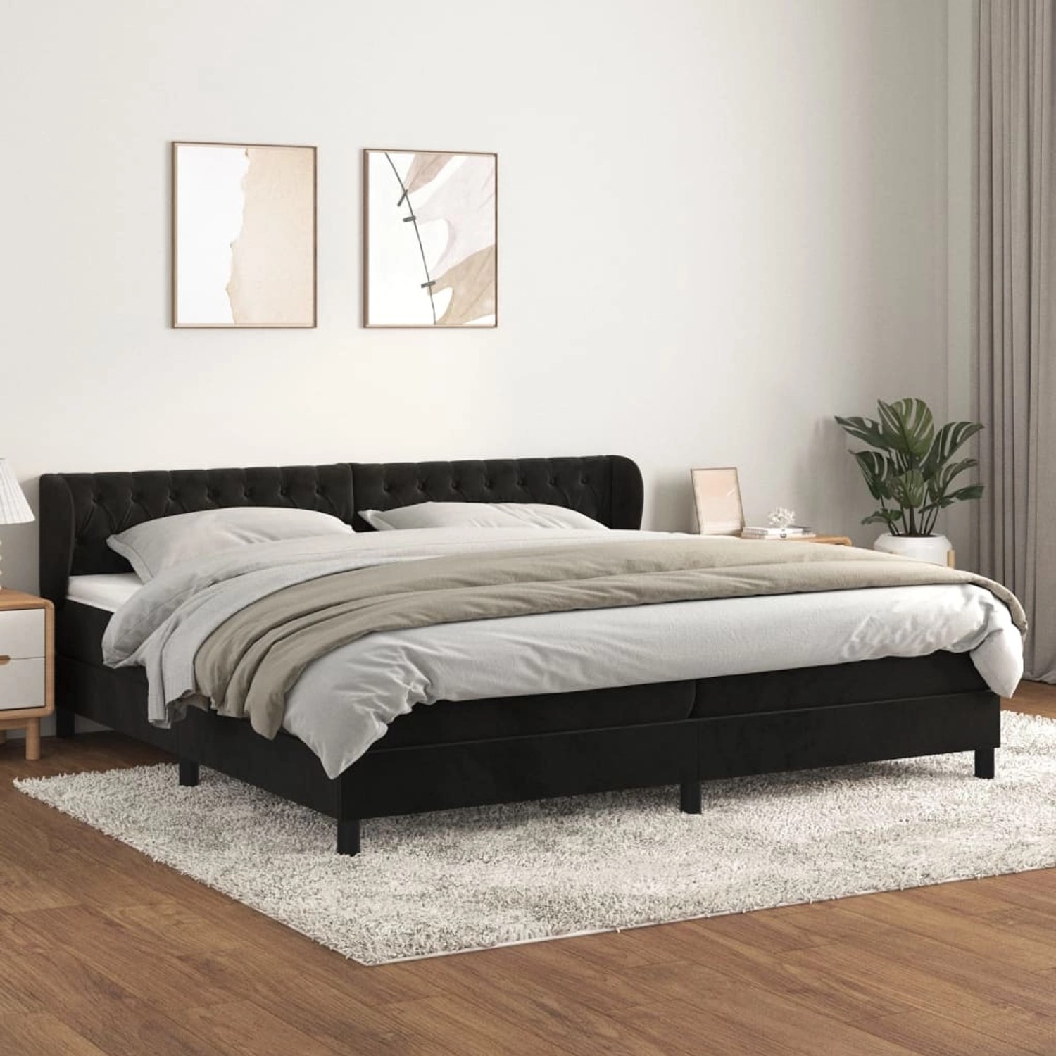 Schwarzes vidaXL Boxspringbett (200x200 cm) mit Matratze und Samtbezug.