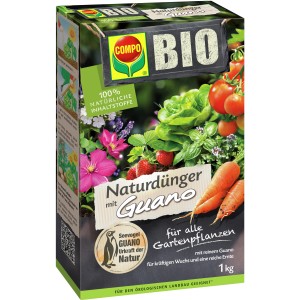 Compo Bio Naturdünger Guano 1 kg Packung mit Gemüse und Pflanzen. Gartendünger für gesundes Wachstum.