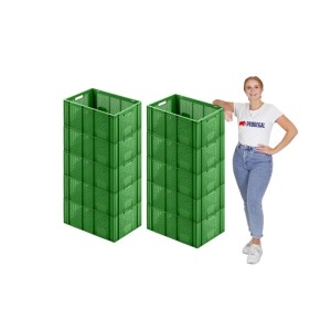 Zwei Stapel grüne Eurobehälter/Obstkisten (je 6 Stück) mit Frau. Ideal zur Aufbewahrung.