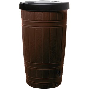 Braune Waterform Regentonne Woodcan 265 l in Holzoptik mit schwarzem Deckel.