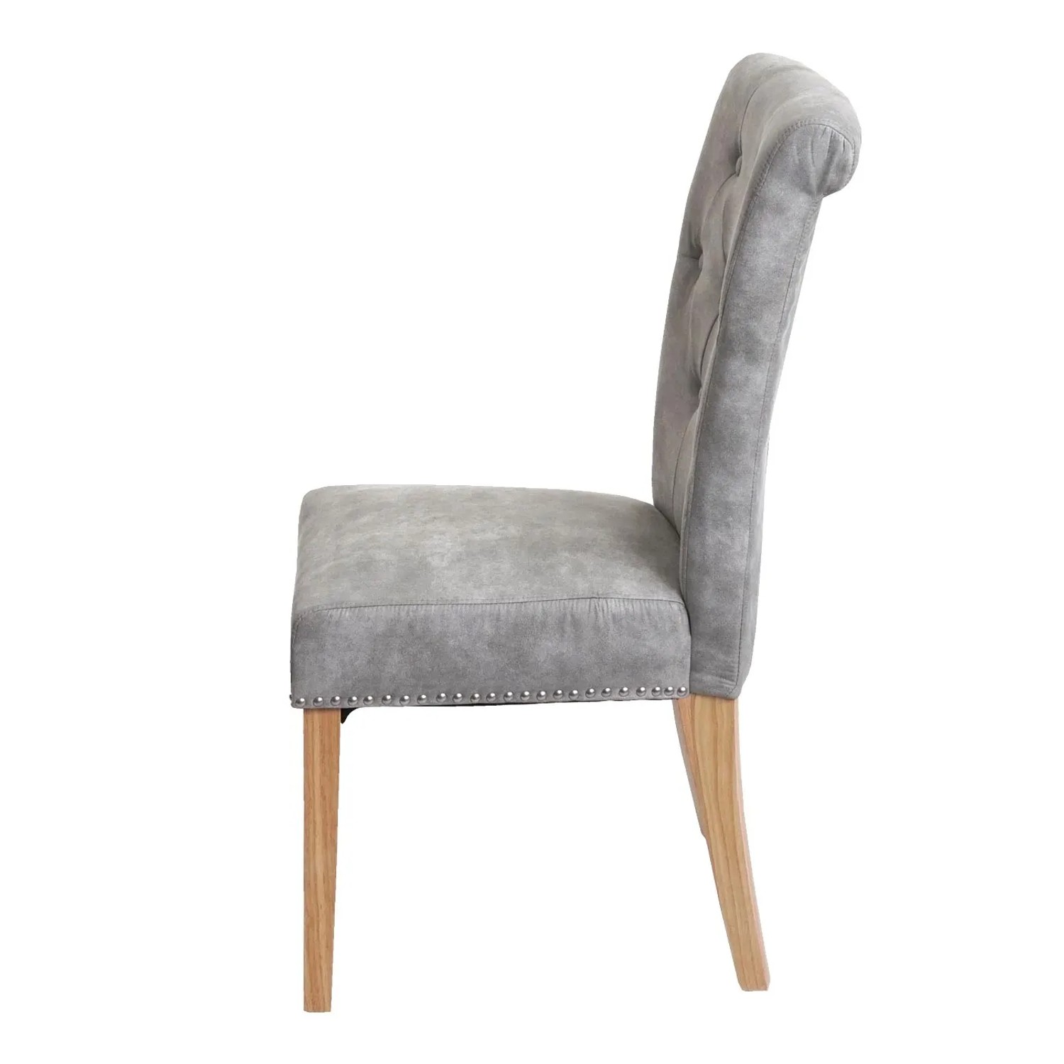 MCW Polsterstuhl Chesterfield II, 6er-Set, hellgrauer Stoffbezug, helle Holzbeine, Seitenansicht.