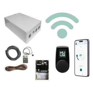 HUUM UKU WIFI Saunaofensteuerung mit App: Steuergerät, Relaisbox, Sensoren und Smartphone mit App-Anzeige.