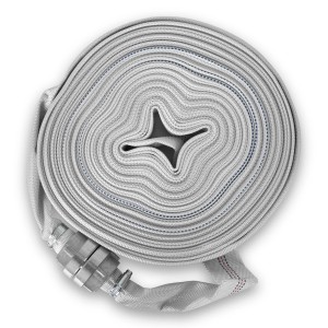 Aufgerollter, grauer EBERTH Feuerwehrschlauch 1 Zoll, 30m mit Storz-Kupplung.