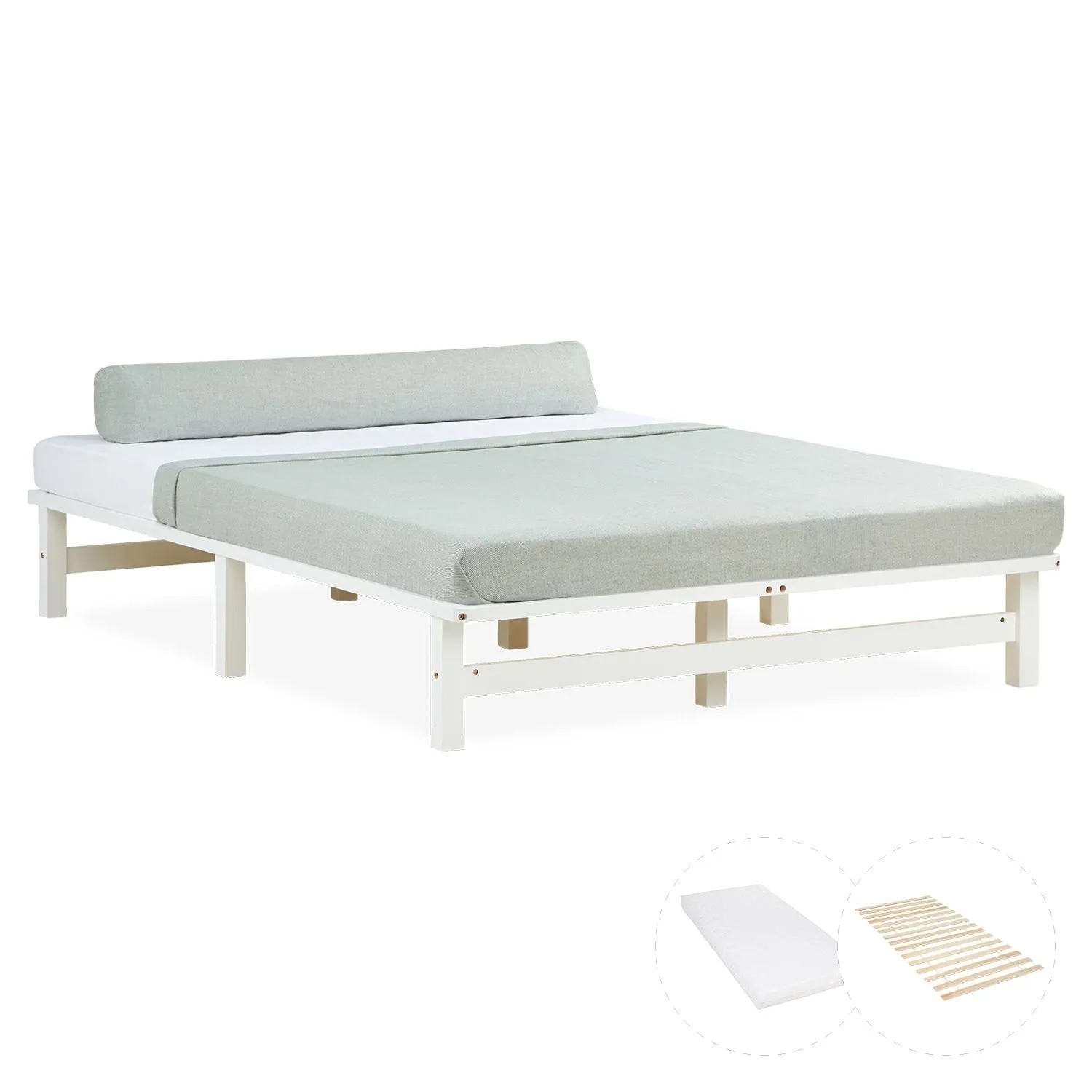 Homestyle4u Holzbett Jugendbett Palettenbett 140x200 mit Matratze Weiß Futonbett 3048