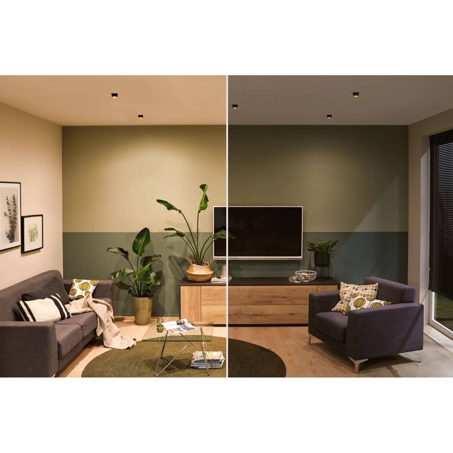 Wohnzimmer mit LED Einbauleuchten-Set Gil Coin, schwarz matt/gold, mit warmweißem Licht.