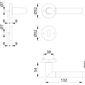 Technische Zeichnung: Zimmertür-Rosettengarnitur Lecce Alu Chrom OB-Lochung mit Maßen.