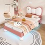 PXloue Kinderbett 90x200 Polsterbett mit LED Fliege-Kopfteil Samt Beige-Rosa_5