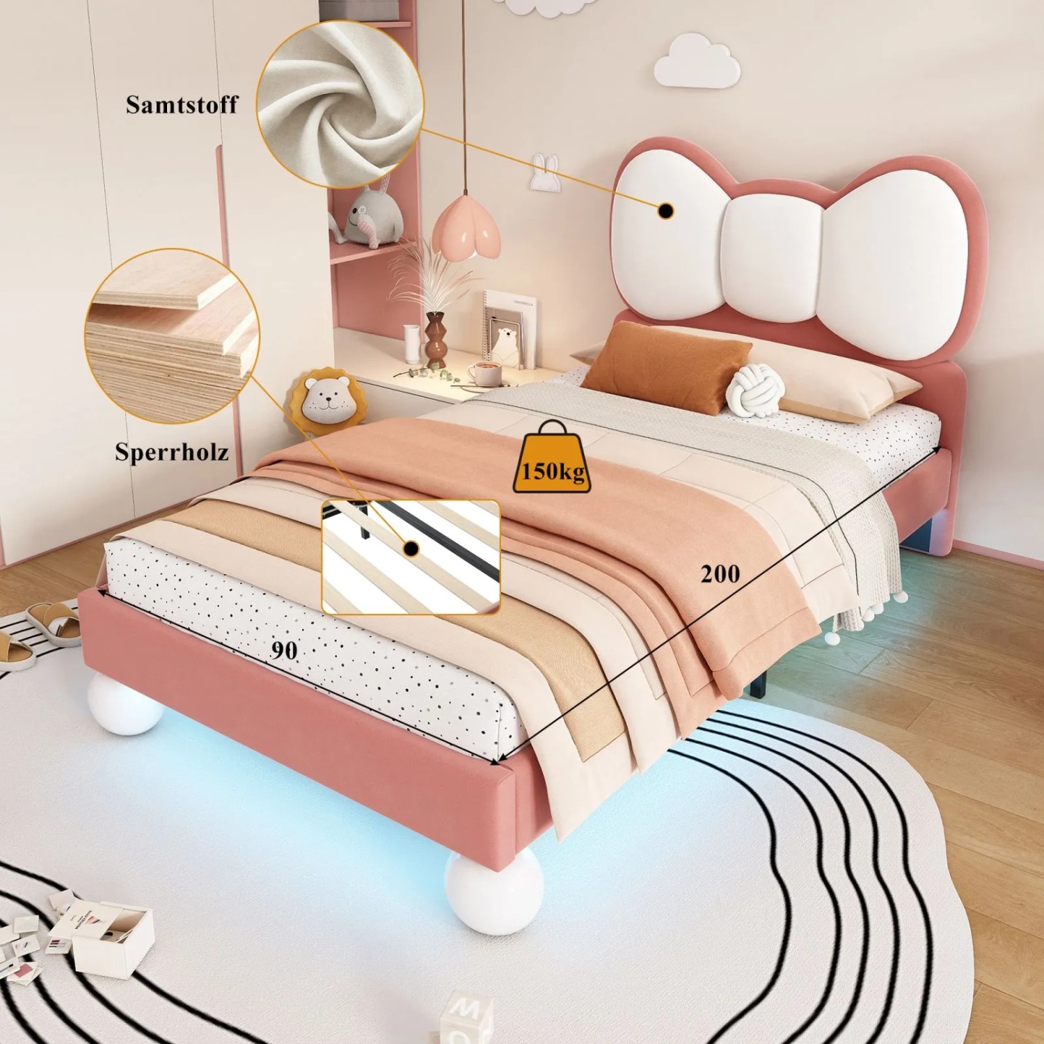 PXloue Kinderbett 90x200 Polsterbett mit LED Fliege-Kopfteil Samt Beige-Rosa_5