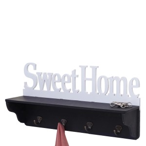 Schwarze Wandgarderobe 'Sweet Home' mit 4 Haken und Ablagefläche.