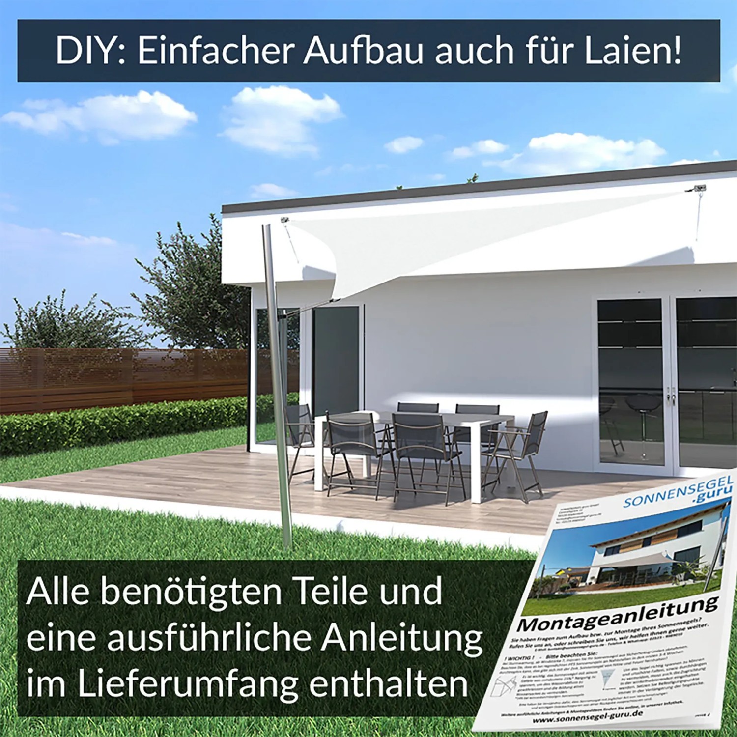 Cremeweißes Toldoro Sonnensegel Komplettset mit Mast und Montageanleitung im Garten.