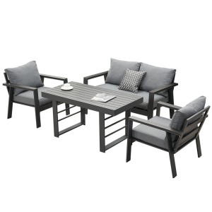 Graue MeXo Aluminium Dining Lounge Gartenmöbel mit Esstisch für 4 Personen.