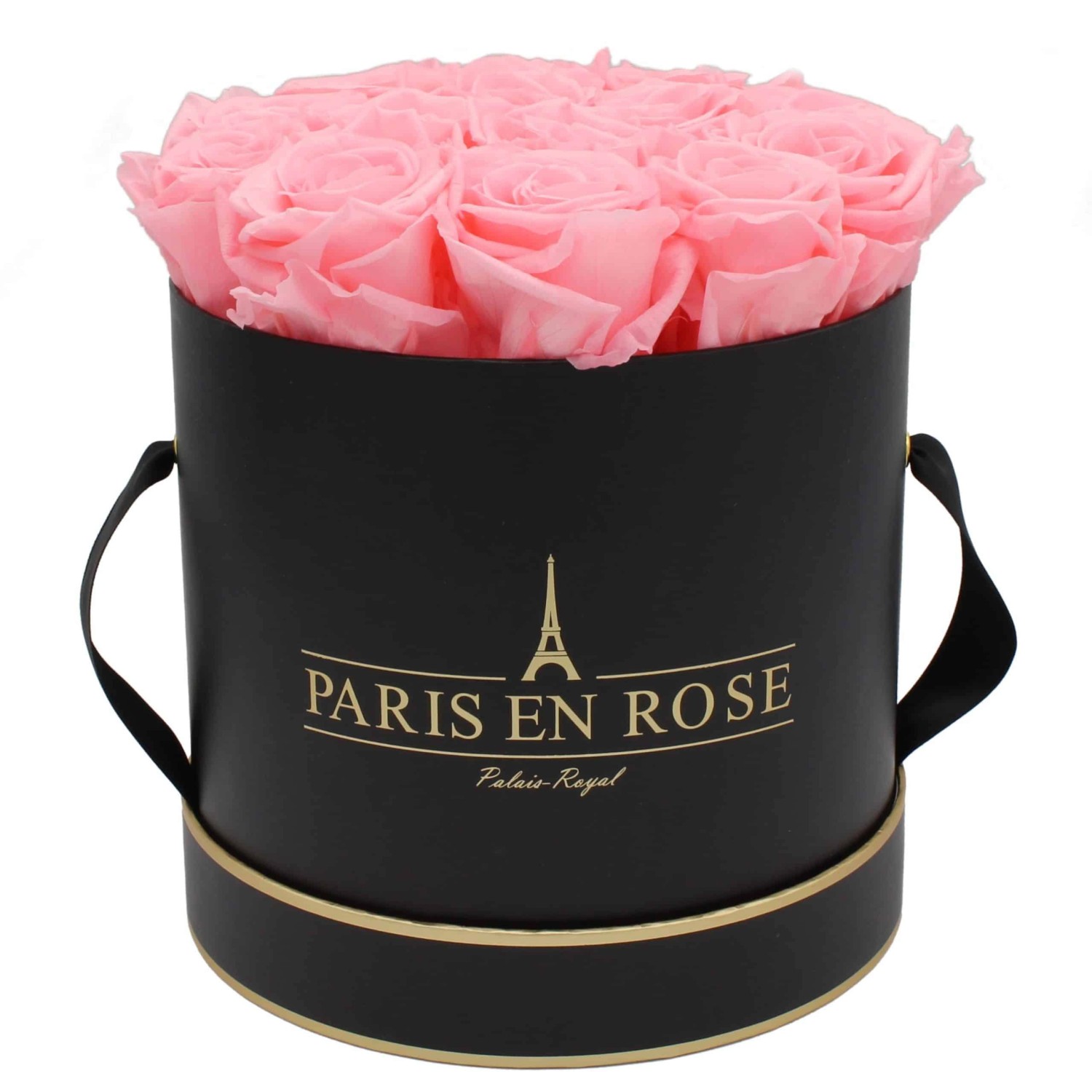 Rosenbox Ø 19 cm Schwarz- Gold mit 14 Rosa Rosen