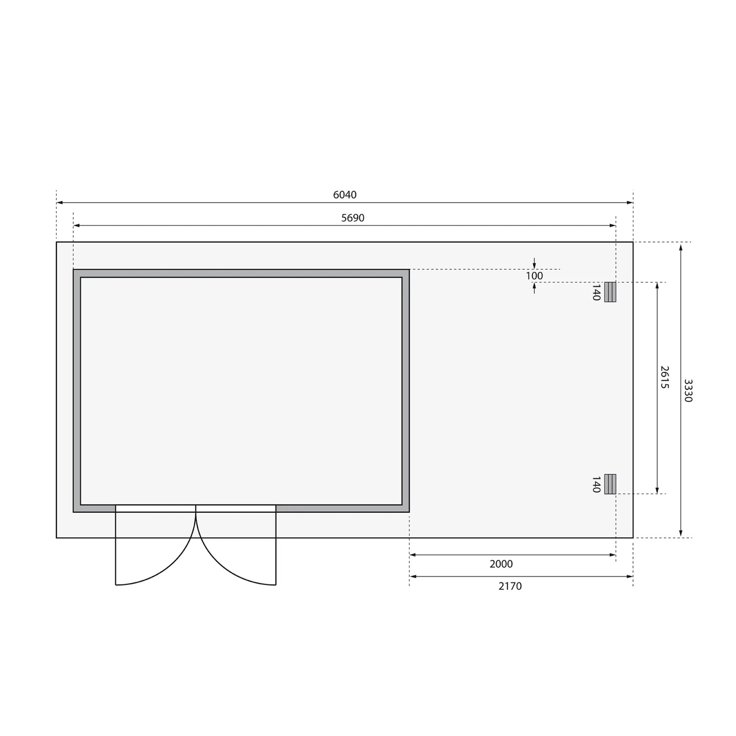 Grundriss Karibu Holz-Gartenhaus Ängelholm: Maße und Details des unbehandelten Pultdach-Gartenhauses.