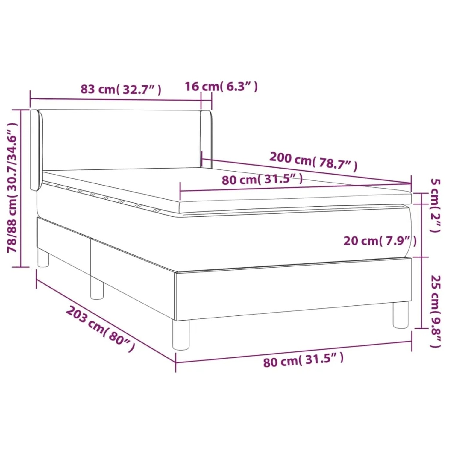 vidaXL Boxspringbett mit Matratze, schwarz, 80x200 cm, Samt, Maße
