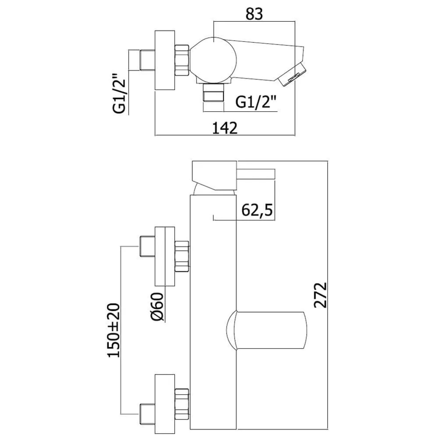 Technische Zeichnung: Kronenbach AQA 2.0 Aufputz-Wannenarmatur in Chrom mit Maßangaben.