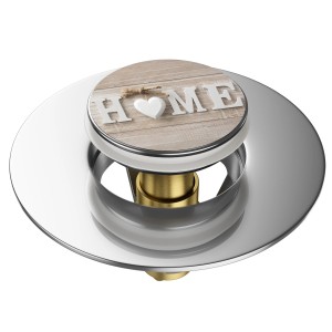 Sanilo Pop Up Waschbeckenstöpsel Home mit Holz-Optik und Herz-Detail.