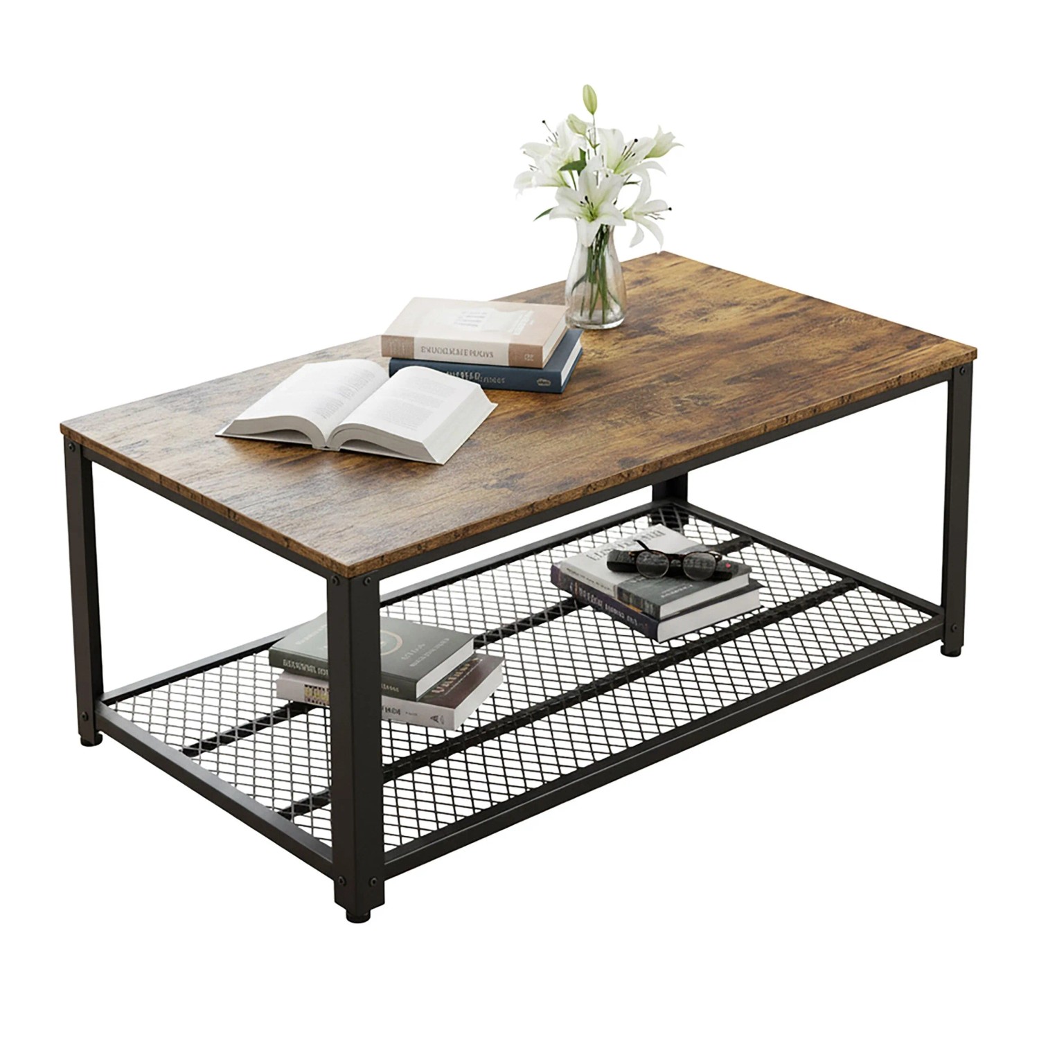 Relaxdays Couchtisch Holzwerkstoff Stahl Schwarz Braun Gitterablage Höhenverstellbar 45 Cm X 106 Cm X 60 Cm